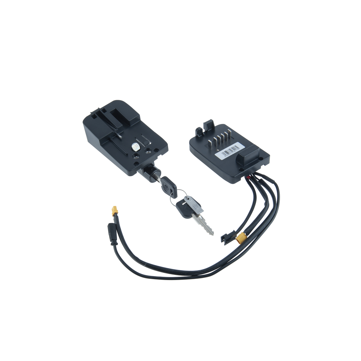 Haltesatz Akku, bestehend aus obere und untere Halterung, Kabeltülle, Schloss, Anschlusskabel, BN23